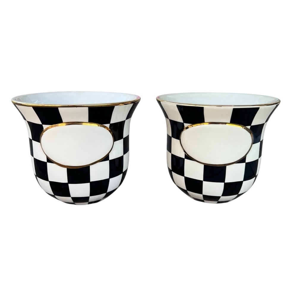 MacKenzie-Childs Black Courtly  Check Planters with Gold Trim (Pair)